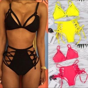 Yellow bikini swimsuit high waist monokini ties up  thinly lined. NEW
